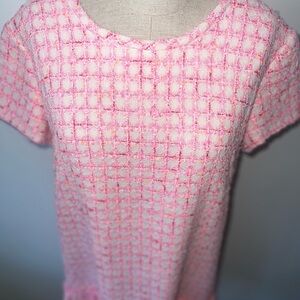 Barbiecore Pink White Orange Tweed Drop Waist Short Sleeve Dress size 14